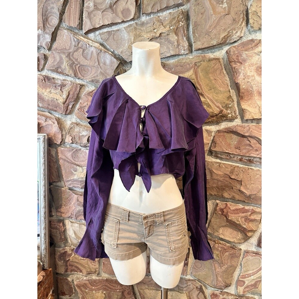 White Silk Long sleeve Dressy Cropped Blouse Size M NWT Y2K  Ruffle Collar VGE